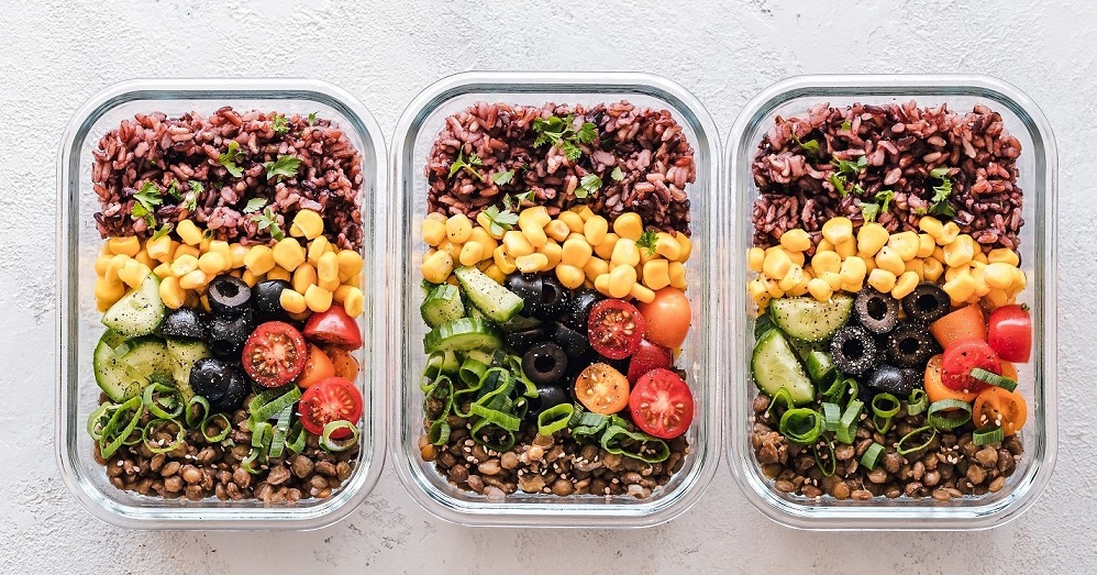 Variety of food in glass storage containers